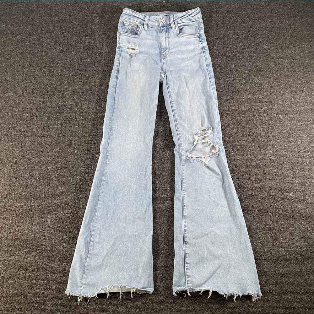 American Eagle Flare Jeans Womens 2 Light Wash Good Distressed Stretch Denim